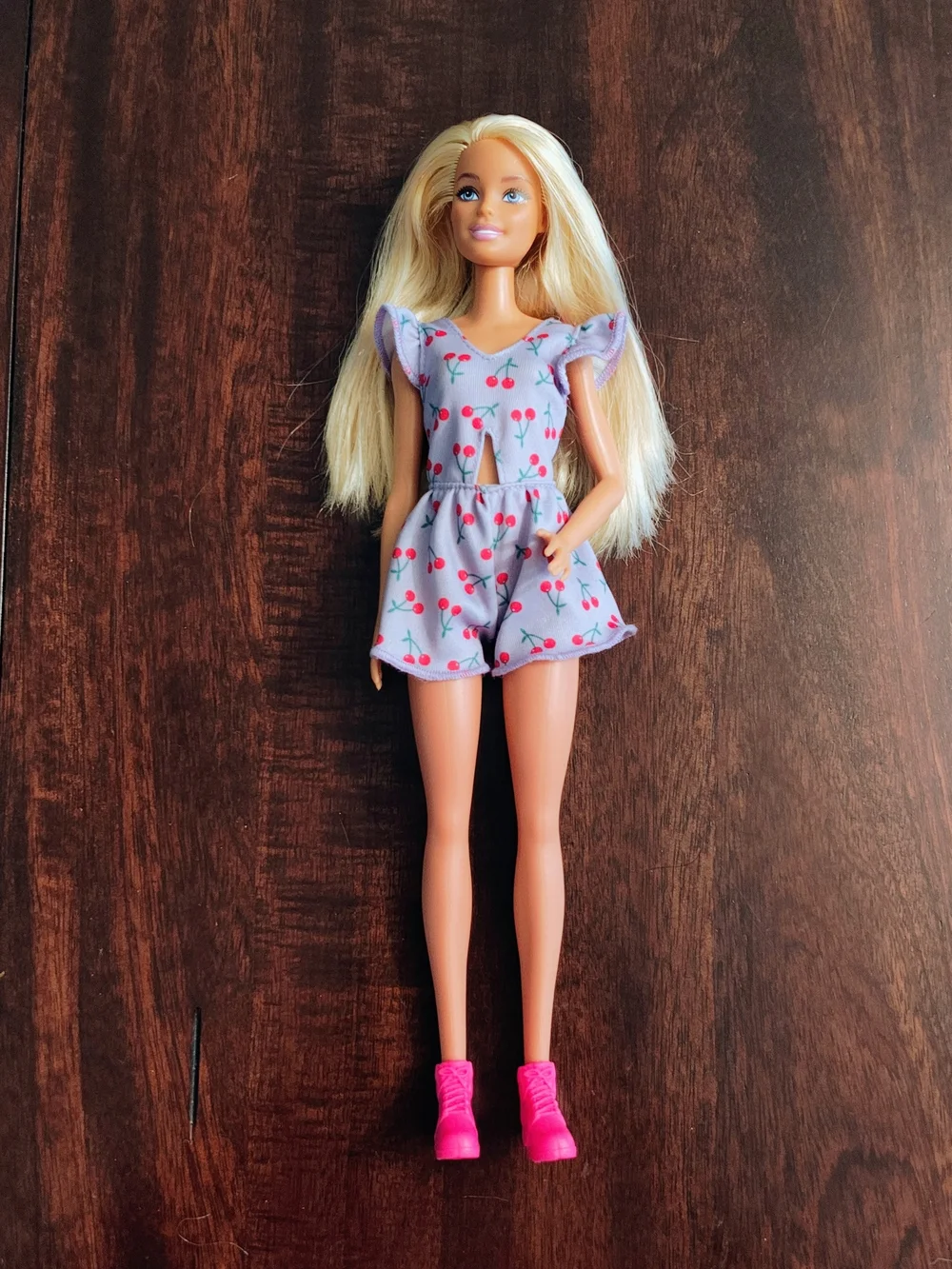 Barbie Blonde Doll in Lavender Cherry Romper with Hot Pink Shoes